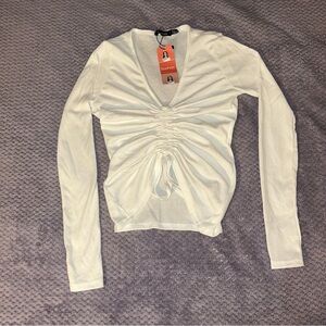 Boohoo rib ruched front long sleeve top ivory white